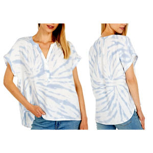 Lucky Brand Women's Short Sleeve Open Neck Shirt Blue Tie-Dye Size Large